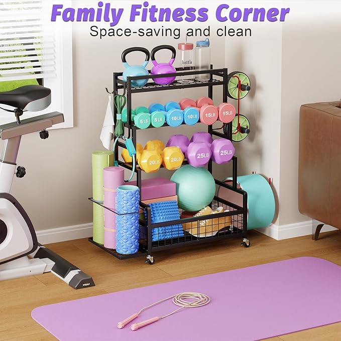 Dumbbell Rack,Home Gym Storage Rack,Total Weight Capacity 490 lbs,Weight Rack with Wheels/Strength Training Equipment Storage Rack with Hooks,Stores Dumbbells,Kettlebells,Yoga Mats