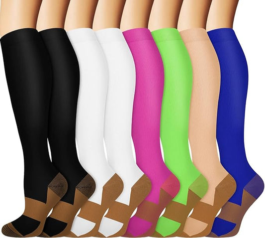 Graduated Copper Compression Socks for Men & Women Circulation 8 Pairs 15-20mmHg - Best for Running Athletic Cycling