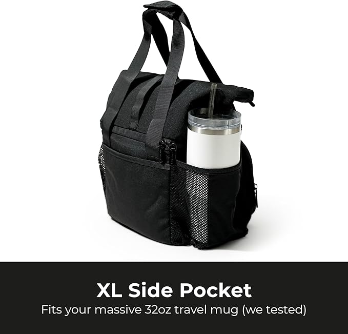 Dual Compartment Insulated Lunch bag, with 2 Leakproof Compartments & Roll-top, 13L lunchbox for work (Black)