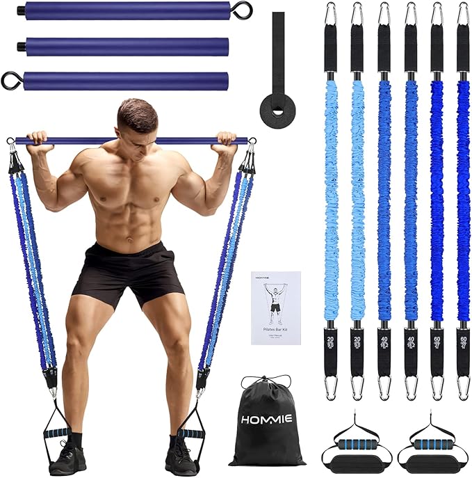 Hommie Portable Pilates Bar Kit with Resistance Bands for Men and Women，Upgraded 3 Section Pilates Bar with Resistance Bands (20-60lb) for Home Gym Equipment Supports Full-Body