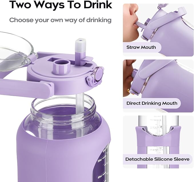 74 oz Glass Water Bolttles with Straw Large Motivational Water Bottle with Time Marker Sports Water Bottles with Silicone Sleeve and Handle Lid 2.2L Water Jug for Gym Workout