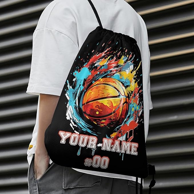 Custom Basketball Drawstring Backpack - Cool Cinch Sack, String Backpacks for Kids Women Men Boys Girls for Gym Outdoor Sports Travel Athletic Drawstring Bag - Lightweight/Foldable