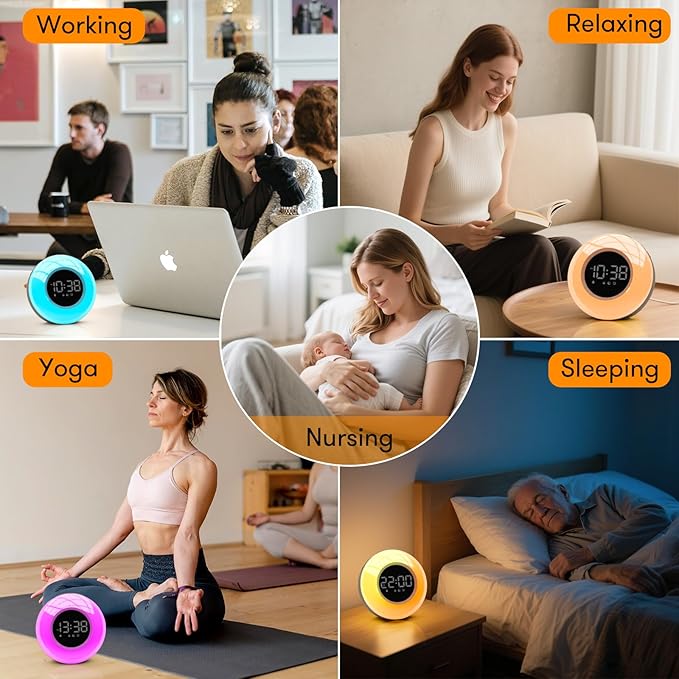 White Noise Sound Machine with 30 Soothing Sounds & 12 Colors Light, Sunrise Alarm Clock Wake Up Light, Adjustable Volume & Night Light, Timer, Ideal for Adults, Kids, Heavy Sleepers