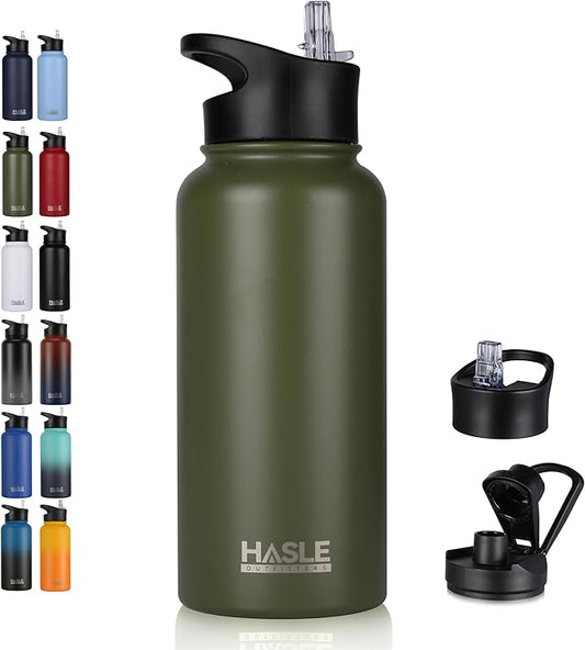 HASLE OUTFITTERS 32 oz Insulated Water Bottle Stainless Steel Double Walled Vacuum Sports Water Bottle with 2 Lids (Straw and Spout Lid) for Gym Camping Hiking（Army Green,1）