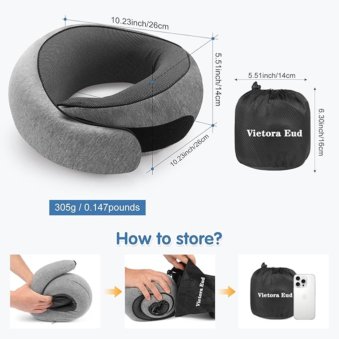 Ergonomic Travel Neck Pillow with Memory Foam Support – Comfortable Airplane Pillow for Adults, Portable Neck Cushion for Car, Office and Long Flights with Eye Mask, Earplug Holder and Carry Bag