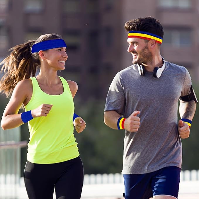 24 Pcs Neon Sweatbands Set Include 8 Pcs Sports Headband and 16 Pcs Cotton Wristbands 80s Neon Sweat Bands Bulk for Gym, Tennis, Basketball, Running, Exercise