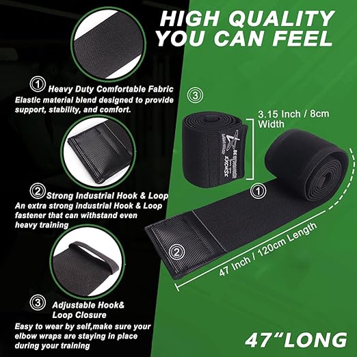 Elbow Wraps for Weightlifting, Bench Press, Cross Training & Powerlifting for Men and Women - 47" Nylon (1 Pair) Elbow Straps - Increases Stability of Joints and Supports Injury Recovery