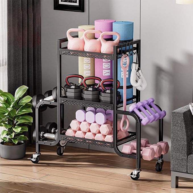Dumbbell Rack, Adjustable Weight Rack with Hooks and Rolling Wheels, Workout Equipment Storage, Home Gym Storage for Dumbbell Yoga Mat Foam Roller Kettlebells Resistance Bands