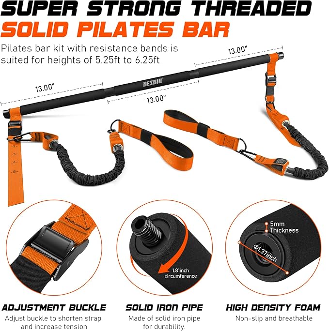 Pilates Bar Kit with Resistance Bands for Working Out, 210lbs Heavy Resistance Bands with Handles, Pilates Equipment with Resistance Band Bar for Men Women, at Home Gym Full Body Workout Equipment