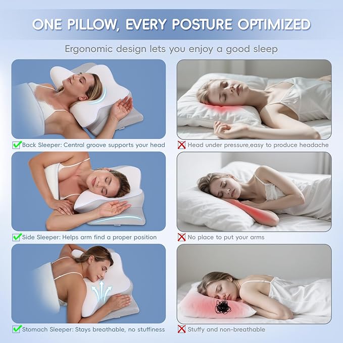 Cervical Neck Pillow, Memory Foam Pillows for Neck and Shoulder Pain Relief, 2 Heights Ergonomic Pillow with Breathable Ice Silk Cover, Neck Support Pillow for Side Back Stomach Sleepers, Odorless