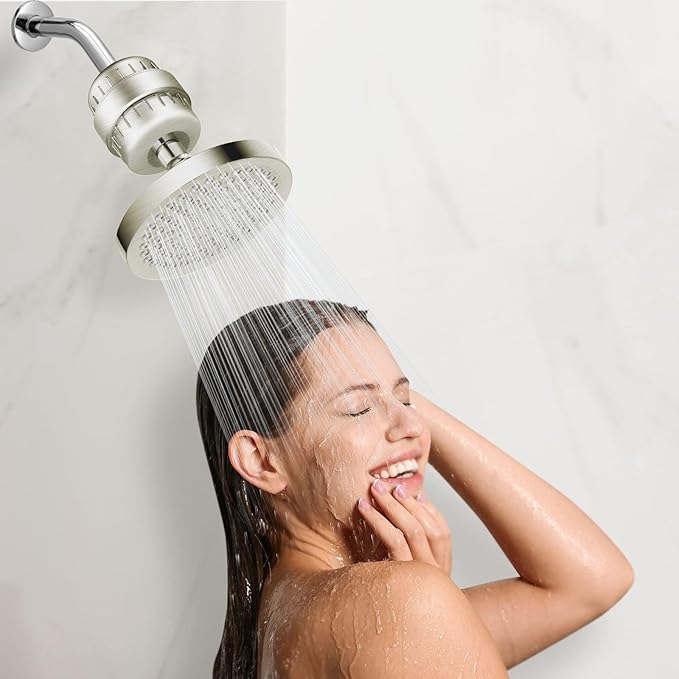 High Pressure Filtered Shower Head Set, 6’’ Rain Shower Filter for Hard Water, Universal Round Showerhead 20 Stage Filtration Removes Impurities for Rejuvenated Skin by Eolax, Brushed Nickel