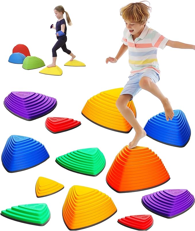 Giggle & Play Stepping Stones For Kids, Set Of 12, Montessori Indoor and Outdoor Balance Stepping Stones, Promotes Coordination, Balanced Strength Child Safe Rubber, Sports, Vibrant Colors, Non-Slip Edges