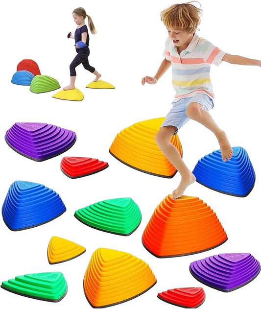 Giggle & Play Stepping Stones For Kids, Set Of 12, Montessori Indoor and Outdoor Balance Stepping Stones, Promotes Coordination, Balanced Strength Child Safe Rubber, Sports, Vibrant Colors, Non-Slip Edges