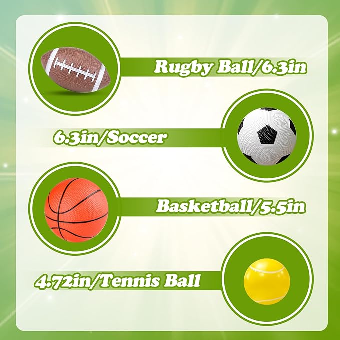 Hymaz 4PCS Sports Balls for Kids Toddlers, Playground Balls with Pump Includes Rugby Football Soccer Basketball Tennis Ball, Throwing Kickballs Toys Stocking Stuffers Birthday Gift for Boys Girls