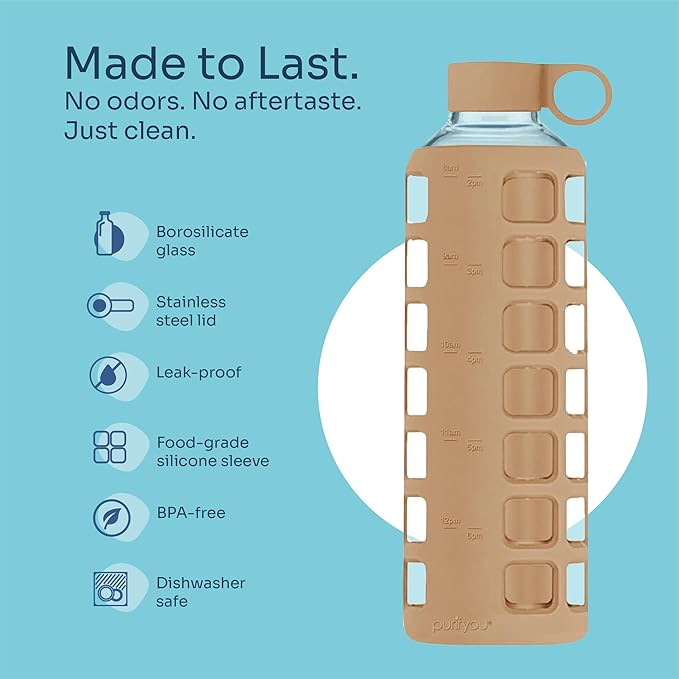 purifyou 40oz / 32oz / 22oz / 12oz Borosilicate Glass Water Bottle with Time & Volume Markers, Silicone Sleeve, Stainless Steel Lid | Reusable Glass Bottle for Water & Juice (40oz Iced Coffee)