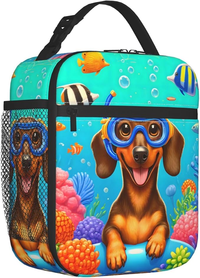 Cute Dog Lunch Box for Kids,Puppy Insulated Bag for Student,Pet Lovers Reusable Thermal Insulation Cooler Tote Bags for School Work Picnic Camping Outdoor Gifts (Weiner Dachshund Diver)