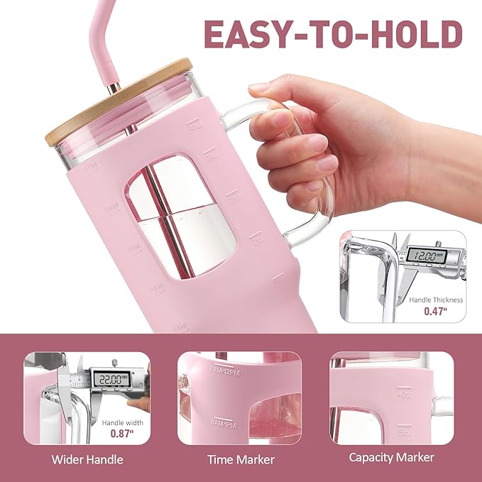 Glass Tumbler with Straw and Lid, 40 oz glass cup with handle, Glass Water Bottles with Time Marker, Silicone Protective Sleeve-Pink