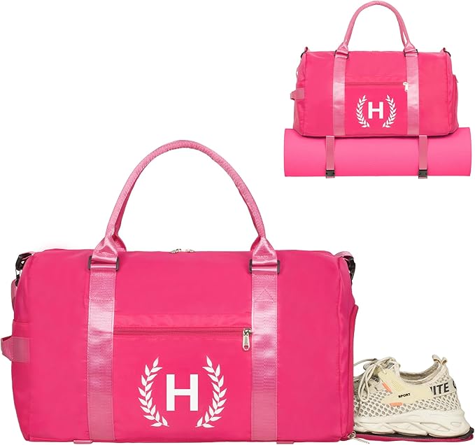 Gym Bag for Women, Personalized Duffle Bag with Shoe Compartment, Sports Bag for Yoga & Dance with Wet Pocket and Mat Strap(HotPink,H)