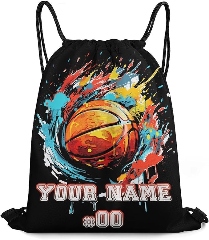 Custom Basketball Drawstring Backpack - Cool Cinch Sack, String Backpacks for Kids Women Men Boys Girls for Gym Outdoor Sports Travel Athletic Drawstring Bag - Lightweight/Foldable