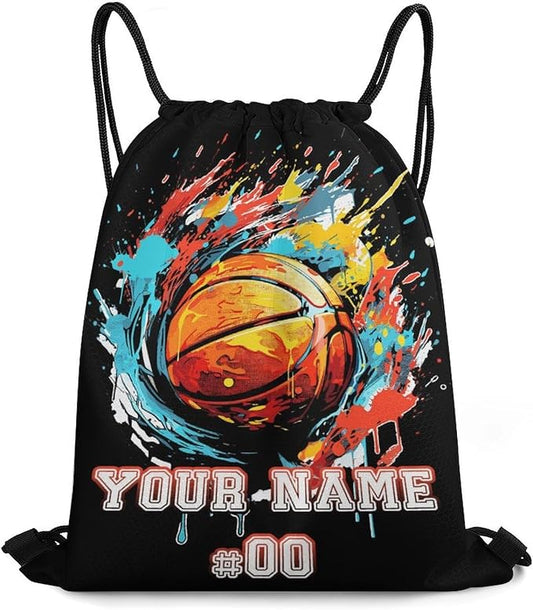 Custom Basketball Drawstring Backpack - Cool Cinch Sack, String Backpacks for Kids Women Men Boys Girls for Gym Outdoor Sports Travel Athletic Drawstring Bag - Lightweight/Foldable
