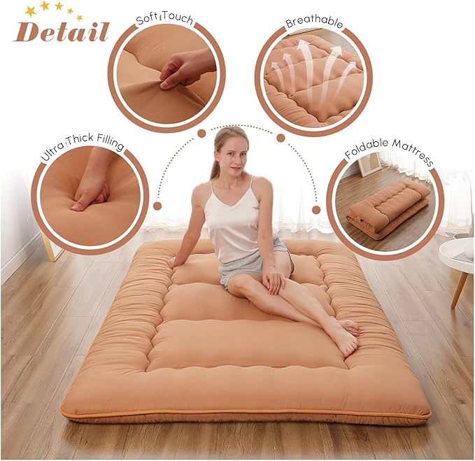 Japanese Floor Mattress, Futon Mattress with Portable Storage Bag and Washable Cover, Roll Up Thick Tatami Mat Suitable for Camping, Guest Room, Light Coffee, Queen