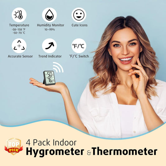 4-Pack Room Thermometer Indoor Hygrometer, Small Digital Temperature and Humidity Monitor Sensor, Temperature Humidity Gauge Meter for Home Baby Room, Plants, Pets - AAA Battery Included