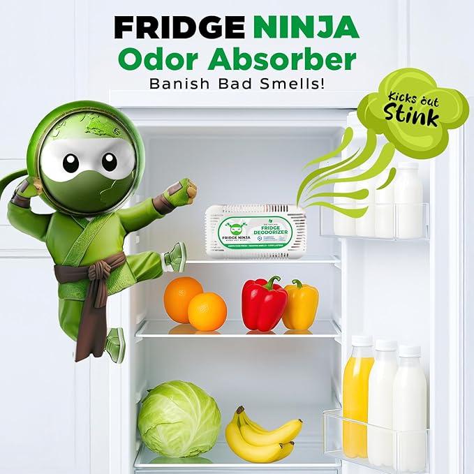 Fridge Ninja Fridge Deodorizer (4 Pack) - More Effective Than Baking Soda - Natural and Unscented Activated Charcoal Refrigerator Deodorizer and Odor Eliminator for Freezers, Coolers, and Lunch Boxes