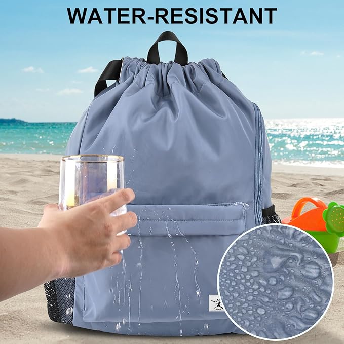 Drawstring Backpack with Mesh Pockets String Gym Bag Sackpack Sandproof Water Resistant Beach Backpack for Men Women