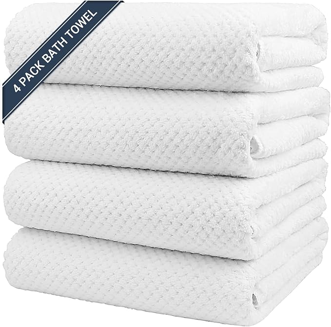 HOMEXCEL Bath Towels Pack of 4, (27 x 54 Inches) Microfiber Ultra Soft Highly Absorbent Bath Towel Set, Lightweight and Quick Drying Towels for Body, Sport, Yoga, SPA, Fitness, White