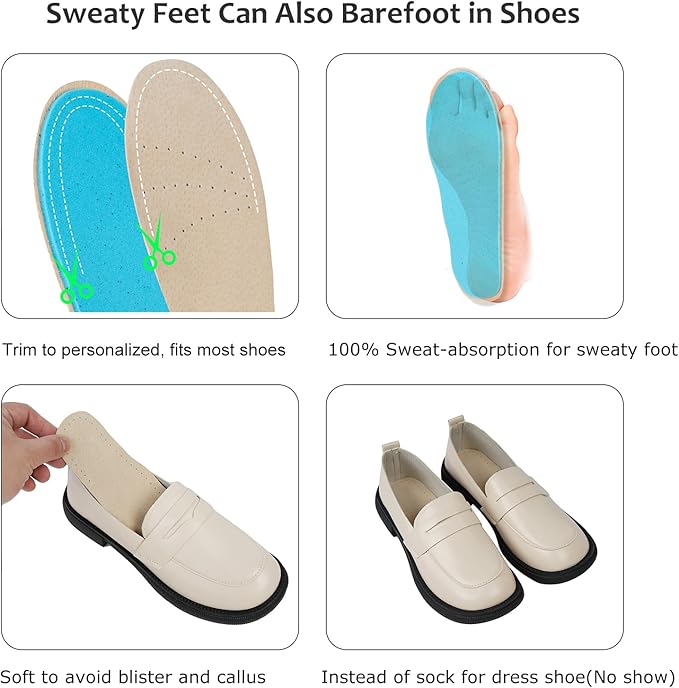 2 Pairs Pigskin Sockless Insoles|Barefoot Cushion Pads|Absorbs Sweat & Controls Odor|Wear Without Socks|Extra Thin Dress Shoes Inserts Women for High Heels Flats Sneakers Large 10-12 Size