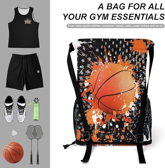Custom Basketball Drawstring Backpack - Cool Cinch Sack, String Backpacks with Pocket for Kids Women Men Boys Girls for Gym Outdoor Sports Travel Athletic Drawstring Bag - Lightweight/Foldable
