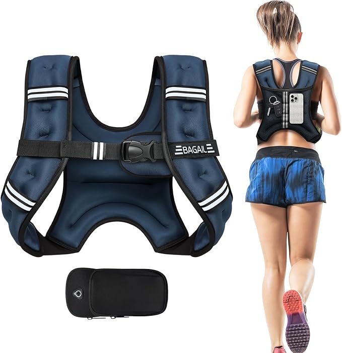 BAGAIL Weighted Vest, 5lbs/8lbs/10lbs/12lbs/15lbs/20lbs/25lbs/30lbs Weight Vest with Detachable Phone Pouch, Rucking Vest for Women, Men, Walking, Weight Loss, Training, Running