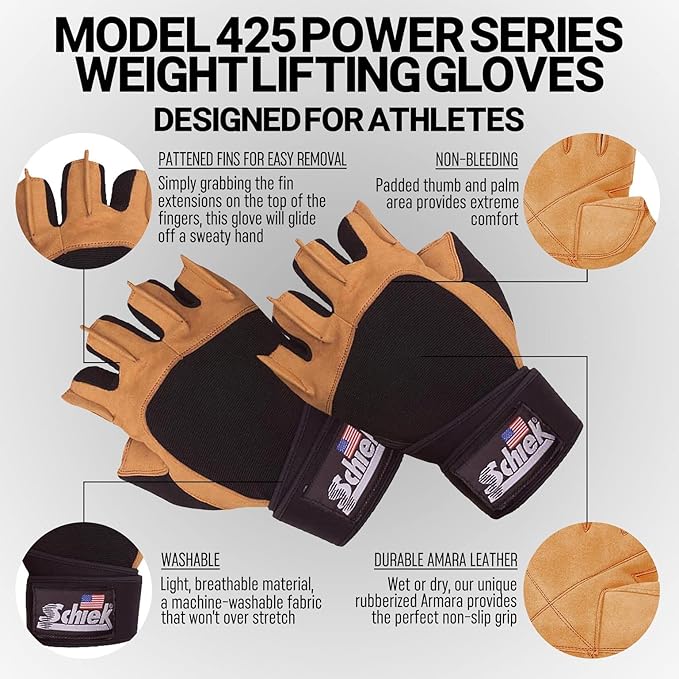 Schiek Sports Model 425 Power Series Weight Lifting Gloves - Leather Gym Gloves with Padded Palms