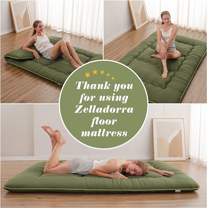 Japanese Floor Mattress, Futon Mattress with Portable Storage Bag and Washable Cover, Roll Up Thick Tatami Mat Suitable for Camping, Guest Room, Green, Queen