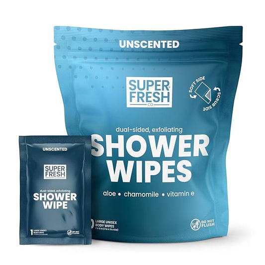 Super Fresh Shower Wipes Large Unscented Body Wipes for No Rinse Bathing Personal Hygiene Gym Travel Camping Enriched with Aloe and Vitamin E 10 Individually Wrapped Disposable Sheets
