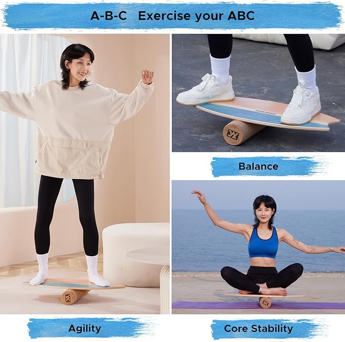 XCMAN Surf Balance Board Trainer with Roller Wooden Exercise Balancing Stability Trainer - Non Slip Surface for Adults Kids|Balance Board for Surfing,Snowboarding,Skateboarding,Hockey,Yoga Training