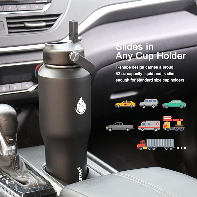 SENDESTAR Water Bottle 32oz,2 Lids(Straw lid),Wide Mouth Stainless Steel Vacuum Insulated Double Wall Keep Liquids Cold or Hot All Day,Sweat Proof Sport Design,Fit Car Cup Holder(Black)