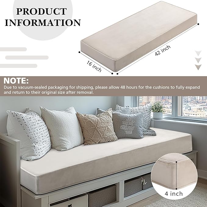 Wenqik Bench Cushions 42x16x4 Inch Window Seat Cushions for Indoor Furniture Velvet Kitchen Dining Bay Seat Tufted Porch Swing Thicken Bench Pad Memory Foam (Ivory White)