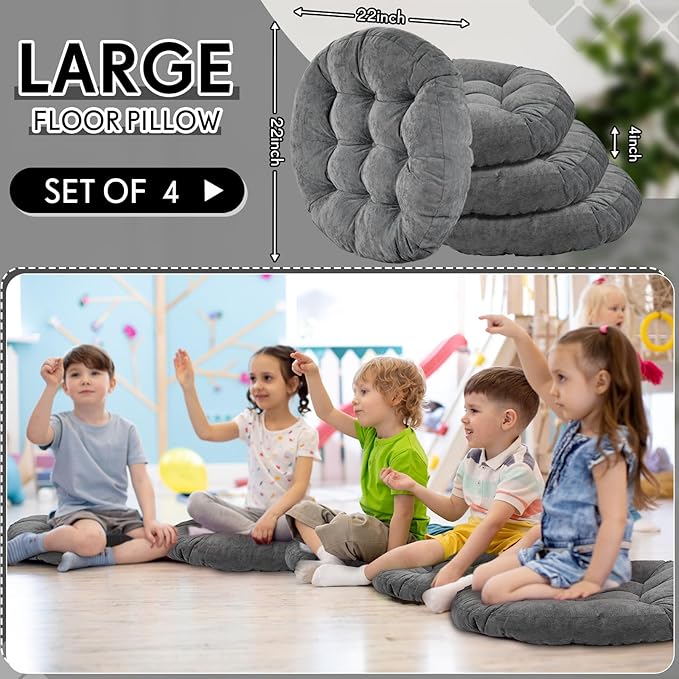 Jerify Floor Pillow Cushions 22 x 22 Inch Round Square Large Meditation Floor Pillow for Classroom Adult Meditation Picnic Party Cushion for Seating Gift Christmas(Round,Dark Grey,4 Pcs)