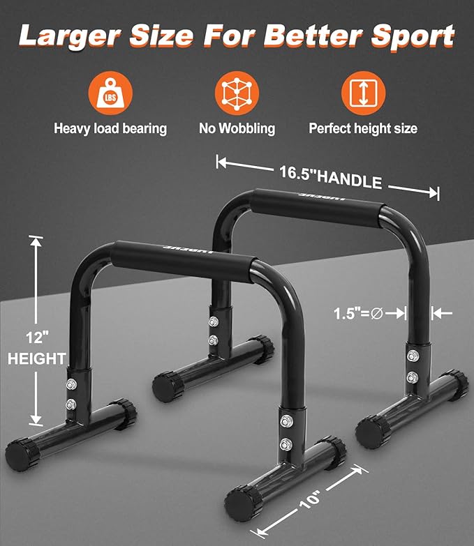 TABEKE Push Up Bar, 12" High Parallettes Bars & Dip Bar With Full-Cover Foam Handles, No Wobbling Calisthenics Equipment For Handstand, L-Sit, Gymnastics, Strength Training Home Gym