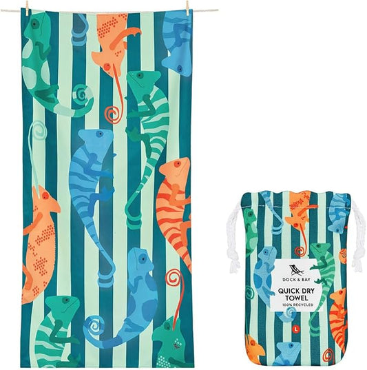 Dock & Bay Beach Towel - Quick Dry, Sand Free - Compact, Lightweight - 100% Recycled - Includes Bag - Karma Chameleon - Large (160x90cm, 63x35)