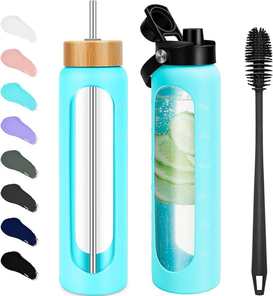 32 oz Glass Water Bottles - 1 Liter Motivational Tumbler Water Bottle Time Marker - Borosilicate Glass Water Bottle With Silicone Sleeve and 2 Lids, Handle Spout & Bamboo Straw Lid