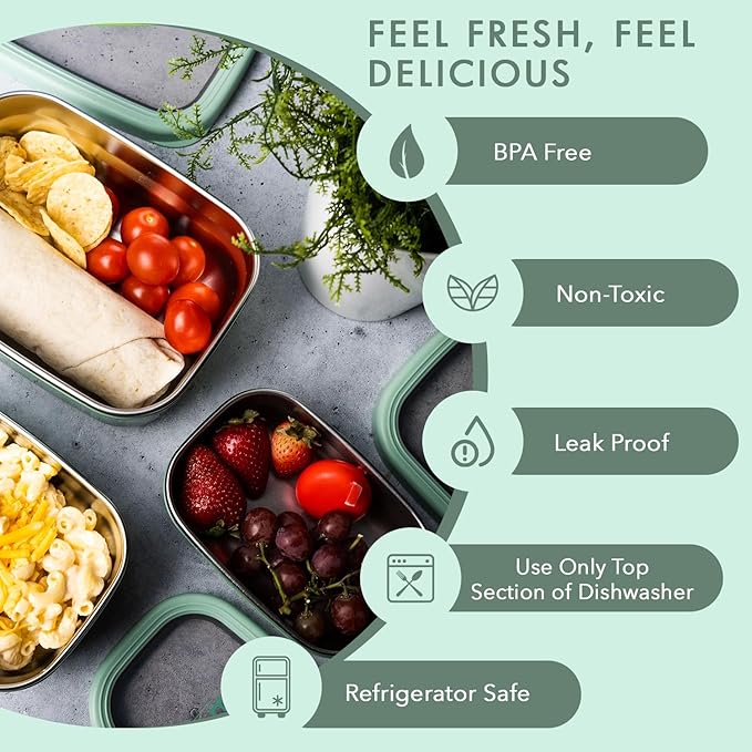 3 Pack Stainless Steel Food Containers with Silicon Lid & Non-Slip Exterior, LeakProof, Airtight Rectangular Portion Control Storage Lunch Box, Togo Lunch Containers for Adults - Blue