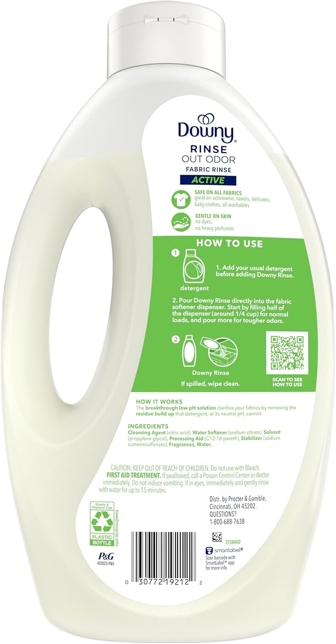 Downy Rinse Laundry Odor Remover, Active Fresh Scent, 62 FL OZ, Fabric Softener and Laundry Odor Removal Rinse