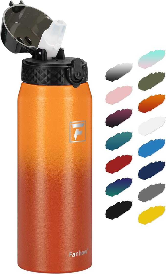 Fanhaw 24 Oz Stainless Steel Insulated Sports Water Bottles with Straw for Kids, Men and Women (Yellow Orange)