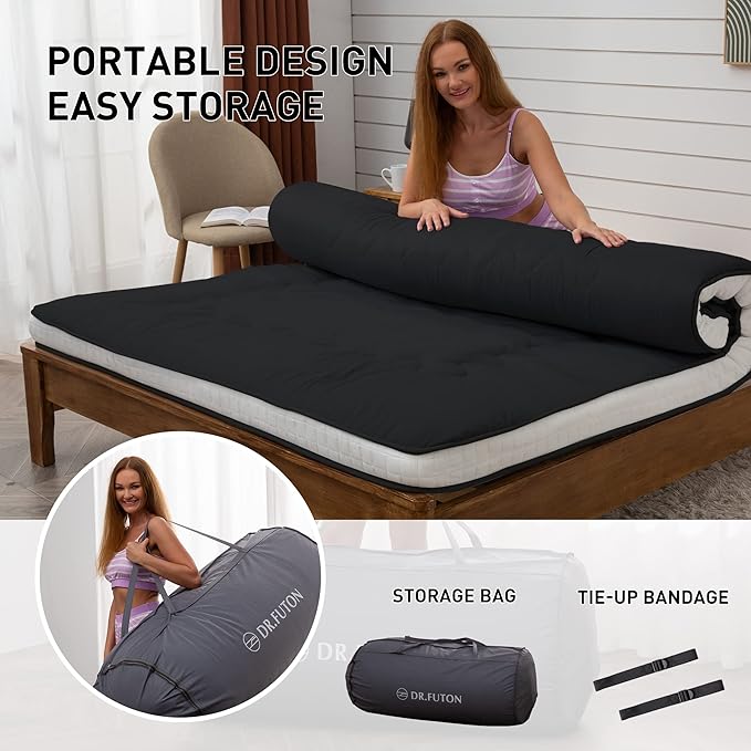 Dr.Futon Japanese Floor Futon Mattress Extra Thick Folding Roll Up Bed Topper Mat for Guest,Lounger and Tavel