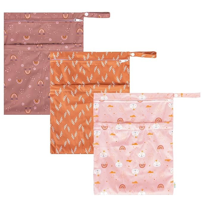 babygoal Wet Dry Bags for Baby Cloth Diapers, Washable Travel Bags, Beach, Pool, Gym Bag for Swimsuits & Wet Clothes with Two Zippered Pockets 3 Pack, 3LN15