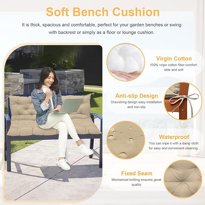 Porch Swing Cushion with Backrest,Waterproof Bench Cushion for Outdoor Furniture,2-3 Seater Replacement Thickened swing cushion with Ties,Patio,Outdoor,Backyard and Garden (Light Coffee,47x40")