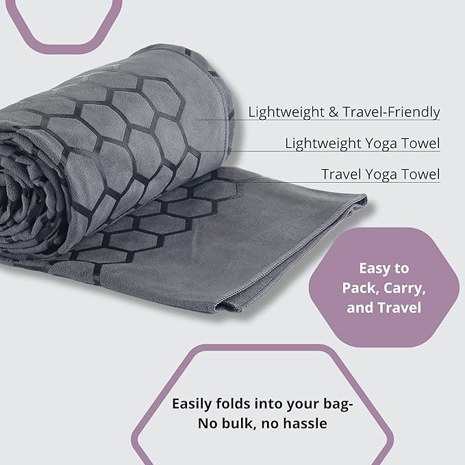 Clever Yoga Hot Yoga Mat Towel – Non-Slip Grip for Hot Yoga, Sweat Absorbent, Honeycomb Silicone Grip, Stays Flat – Ideal for Pilates, Travel, Washable & Lightweight - Gray