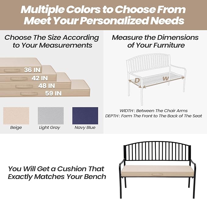 Crestlive Outdoor Bench Cushion 48 x 18 Inch, Waterproof Patio Furniture Cushions, Fade-Resistant Porch Swing Replacement Pad, Adjustable Straps and Handle, Beige
